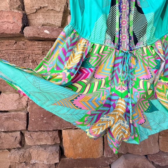 Hale Bob M Women Teal Green Geometric Floral Halter Romper Boho Summer Vacation - Picture 9 of 14